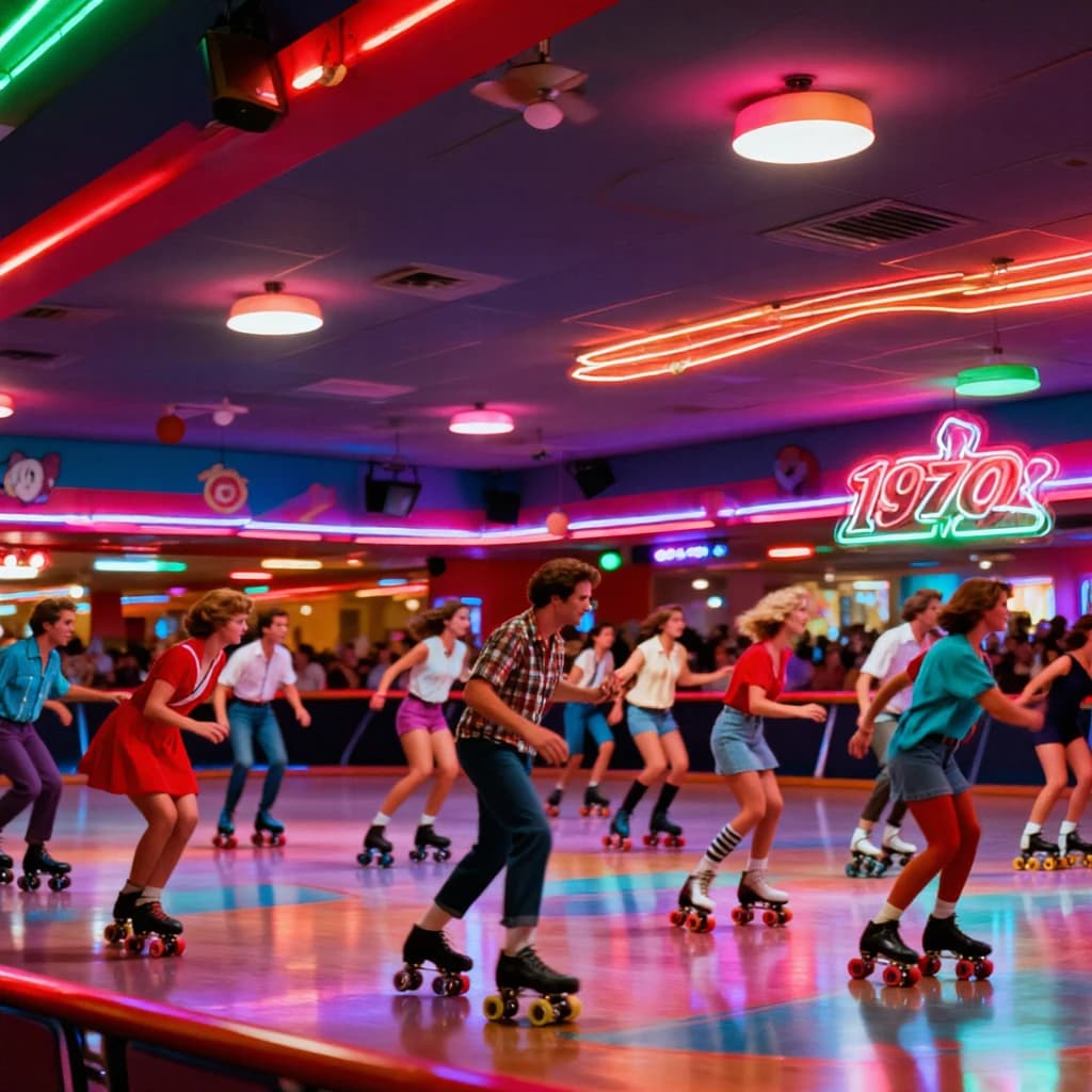 A 1970s roller rink crowd skates under neon, with a bit of fade and film grain.