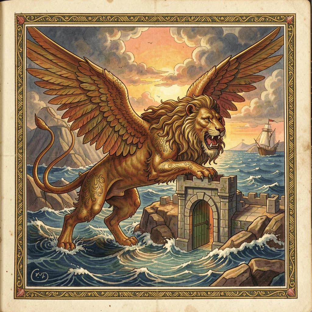 Paint an illuminated manuscript scene of a winged lion guarding a sea gate.