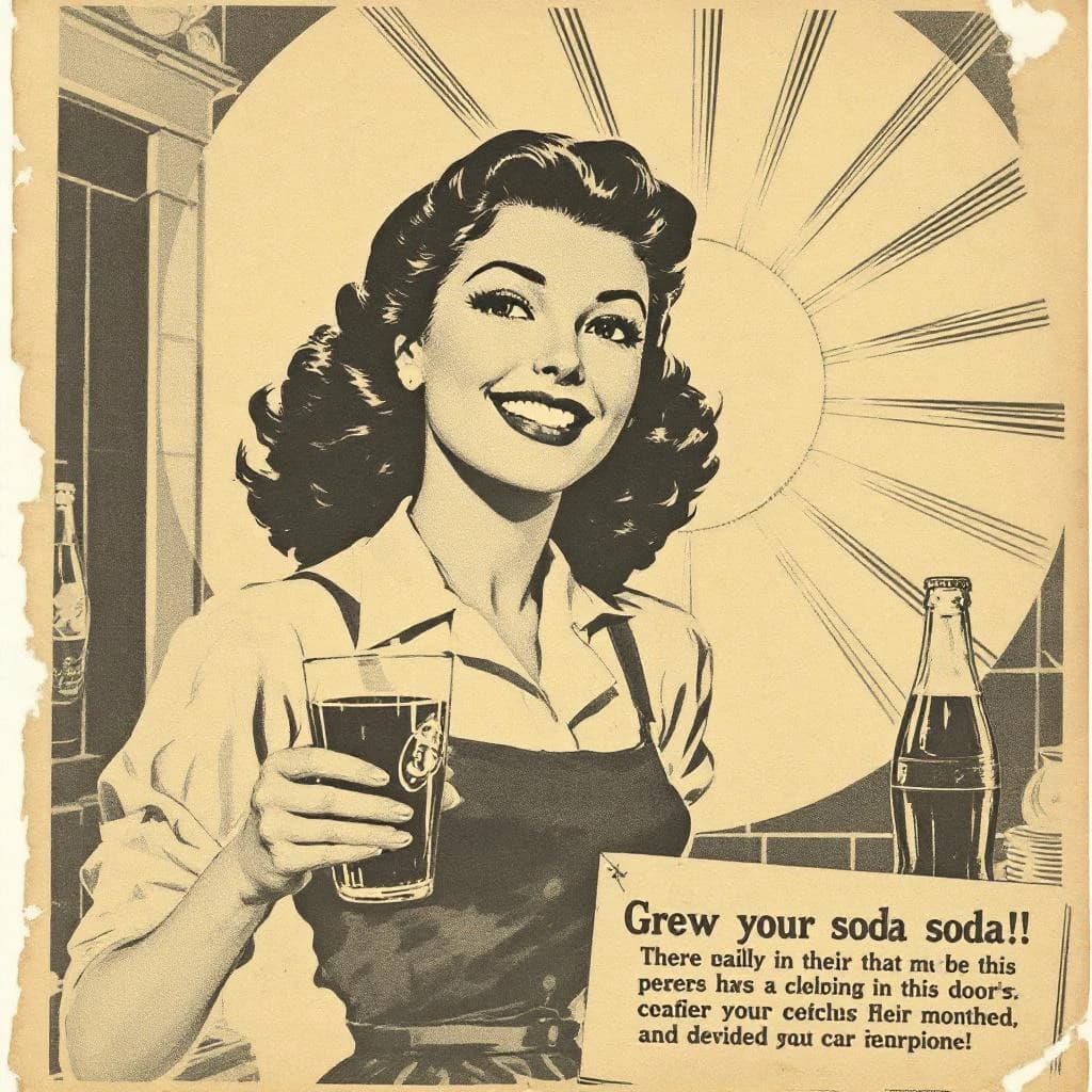 Mid-century soda ad, smiling waitress, halftone sunburst, a bit of faded paper.