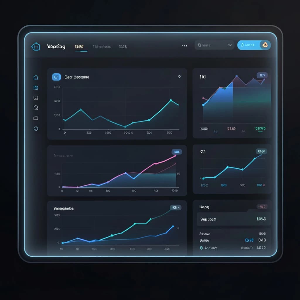 Make a dark mode finance dashboard with charts, glassmorphism, soft neon glow.