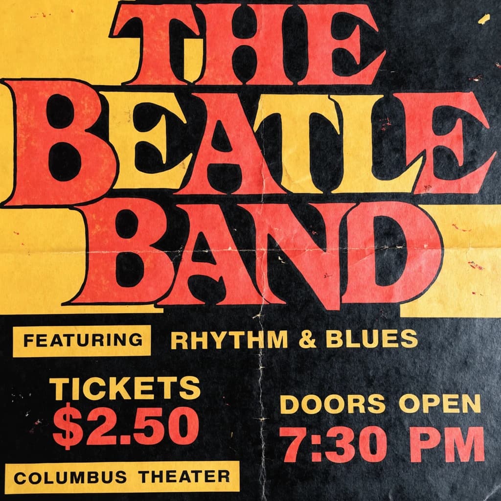 Make a 1960s concert poster featuring bold wood type, misaligned ink, creases.