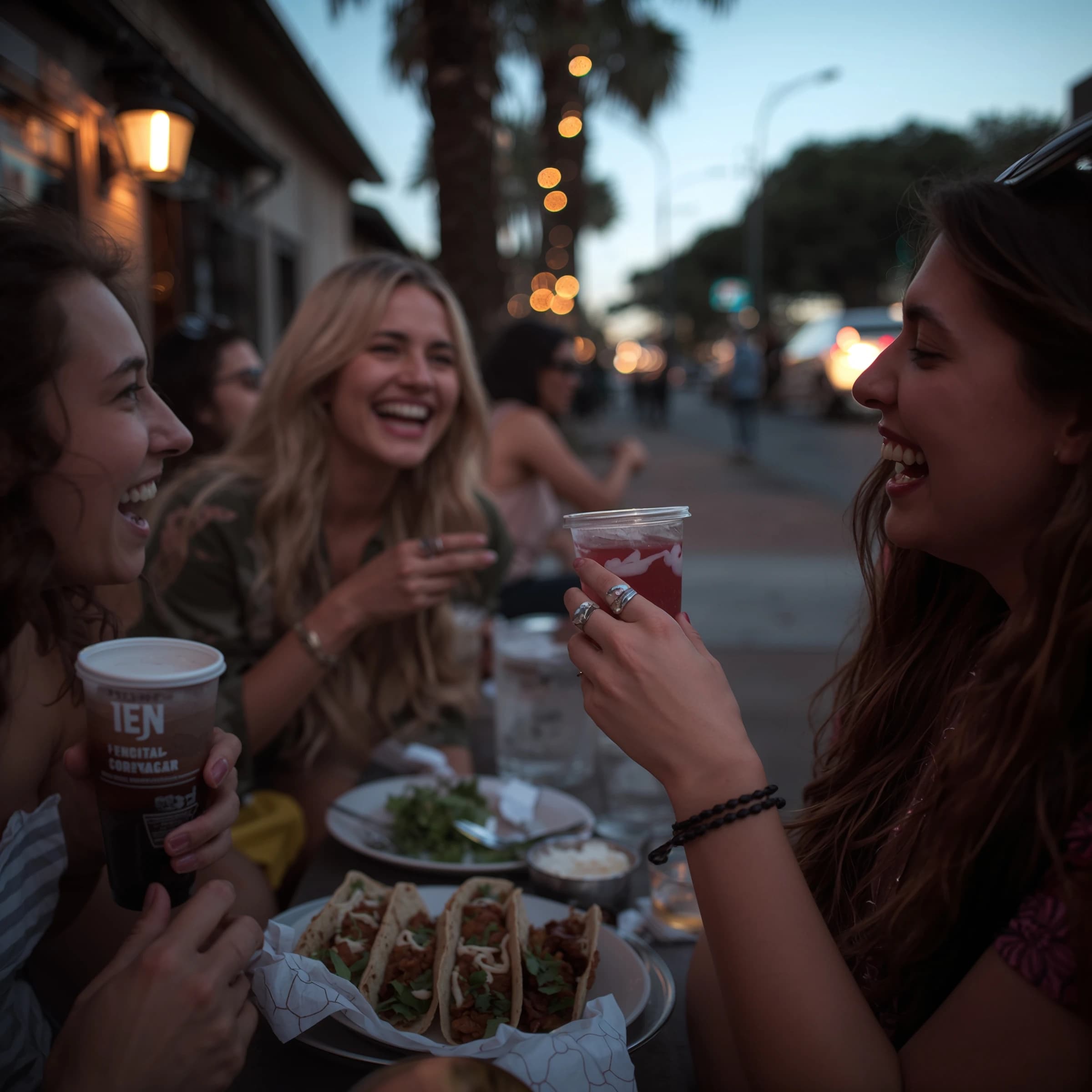 Friends laugh over street tacos at dusk, candid, shallow depth.