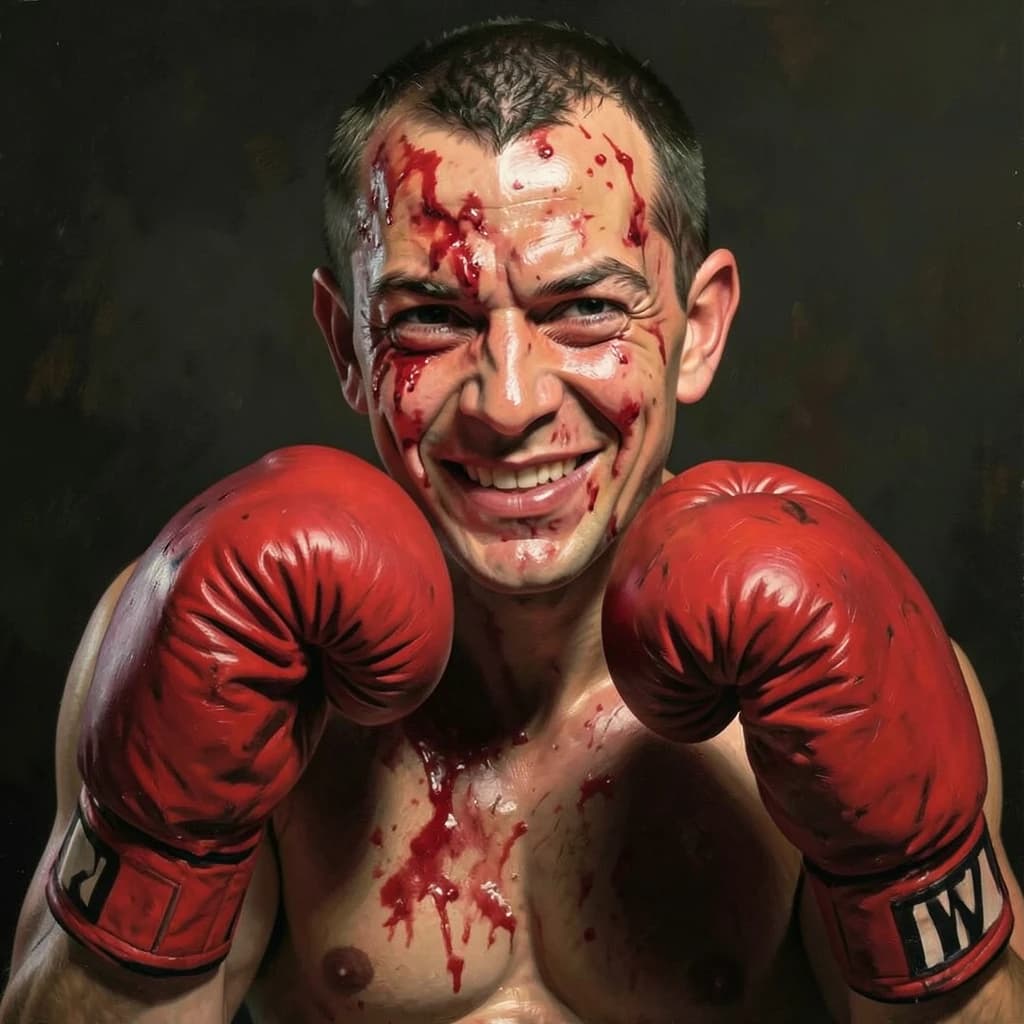 Paint a bruised boxer smiling, serious expression.