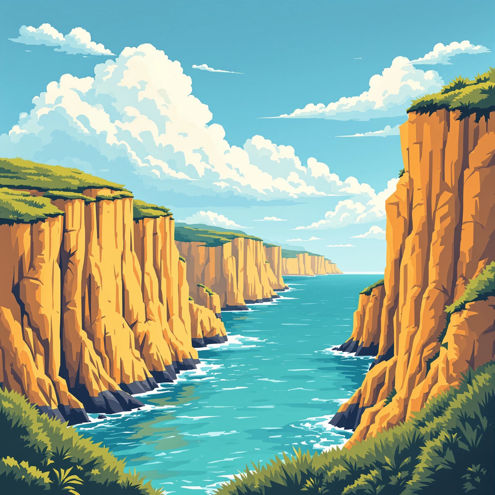 Bright cliffs over teal sea, fat clouds, bold outlines and flat shading.