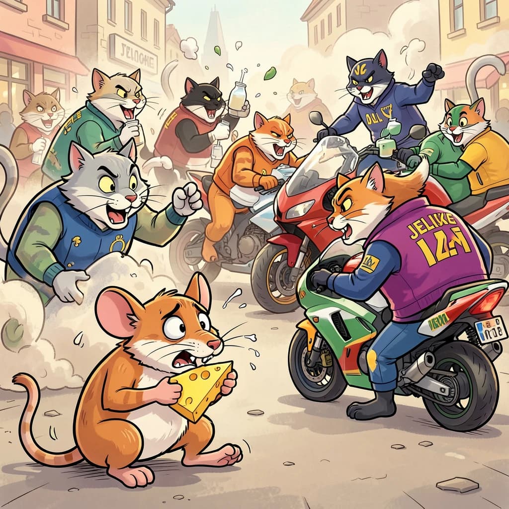 The cartoon rat clenches his thin wedge of cheese and trembles in fear as he hides from the menacing Jellicles, the roaming cat motorcycle gang, all wearing their colors with the name on the back. The cats have all drunk far too much milk and are causing a big ruckus! One cat is close to finding the rat