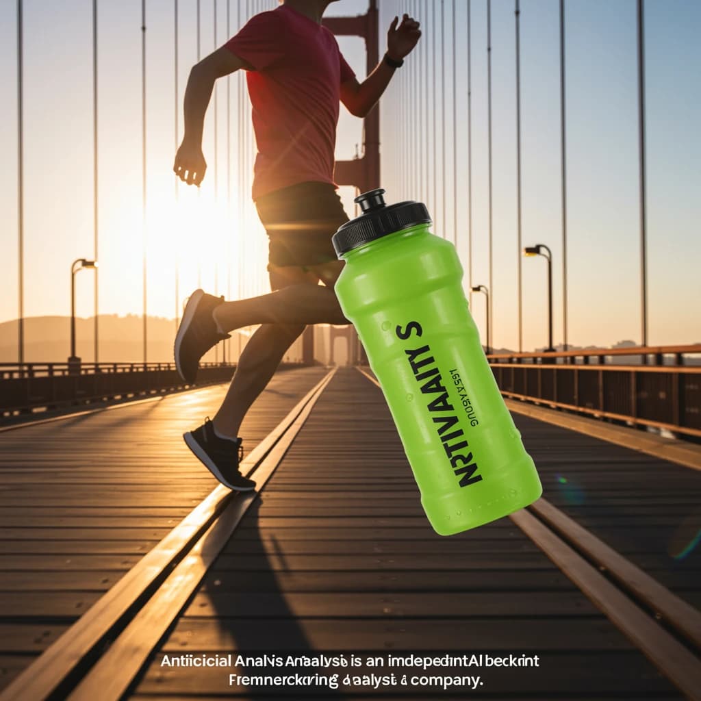 A runner dashes across the Golden Gate Bridge at dawn, sunlight streaming between cables. In their hand, they carry a neon-green sports drink with the brand name Artificial Analysis splashed boldly across the bottle. Motion blur emphasizes speed, while crisp purple sans serif typography overlays the bottom right of the scene with the tagline: Artificial Analysis is an independent AI benchmarking & analysis company
