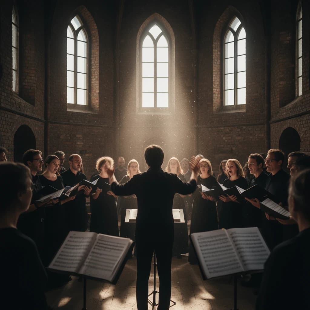 A choir rehearses in a brick hall as somewhat dramatic morning light falls through high windows, with a patient conductor mid-gesture, open scores, intent faces, slight motion blur.