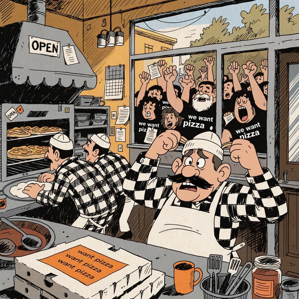 Pasquale is pulling his few remaining hairs out over a disaster at the pizzeria - the cooks are working as fast as they can but the crowds outside are swelling and they demand hot hot pizza! They are banging on the glass and some are wearing "we want pizza" shirts. 1980s western TV animation style.
