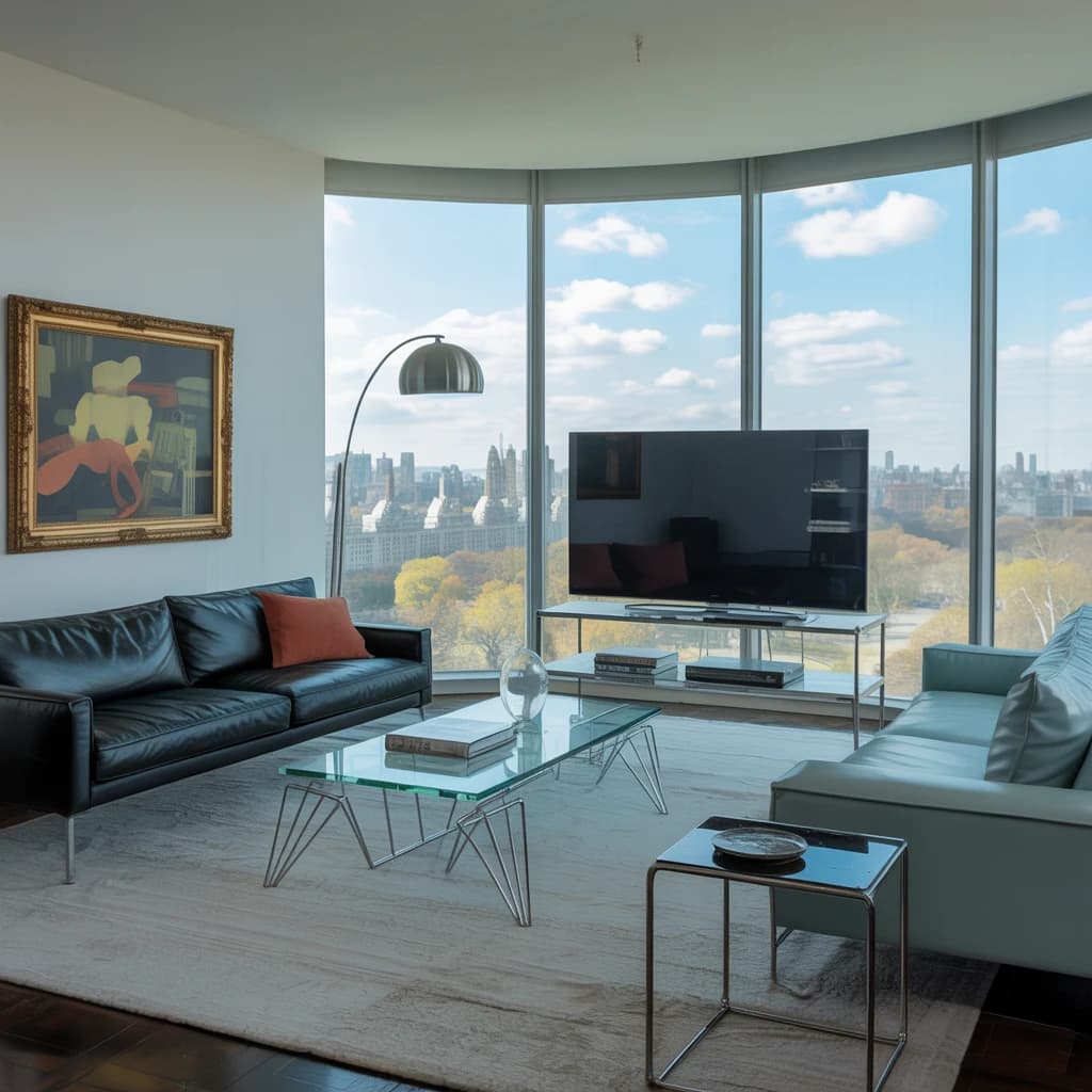 My apartment overlooks Central Park. It’s very luxurious, very expensive, and the furniture is minimal — a black leather couch, a glass coffee table with chrome legs, an Arne Jacobsen floor lamp. A big-screen television set rests on a steel shelving unit. A David Onica painting hangs above the couch. There’s a stainless steel and glass cocktail table. A powder-blue sofa. A thirty-inch digital TV.