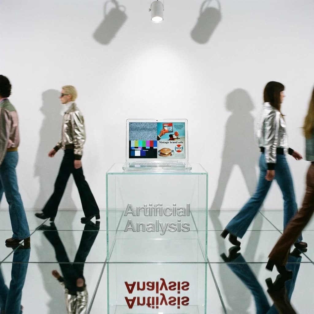 In a spotless gallery space, a pedestal supports a transparent laptop whose screen flickers between static and pristine brand imagery. Shoppers blur past in designer clothes that appear slightly outdated - bell bottoms, metallic jackets. The embossed logo “Artificial Analysis” glints silver, yet its reflection in the glass floor reads in crimson letters. A single spotlight shines, though shadows fall in two directions.