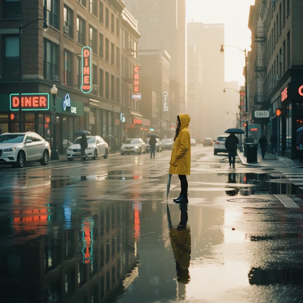 A sunlit city street after rain; puddles mirror neon signs as a woman in a yellow raincoat waits at a crosswalk, soft mist, 50mm look, natural tones, a bit of film grain.