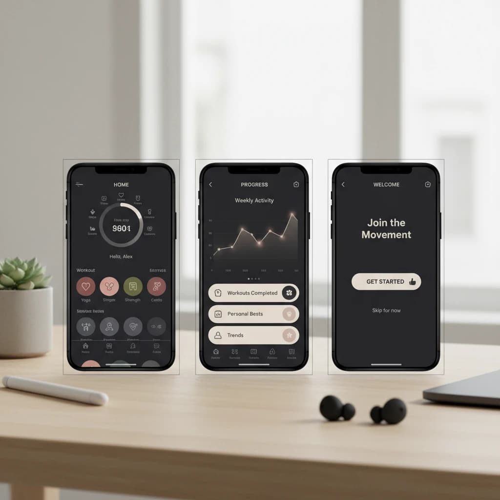 Sleek mobile fitness app screens on a desk: dark mode home, progress dashboard, simple onboarding, clear 8 pt grid, slightly oversized buttons for thumb reach, muted colors.
