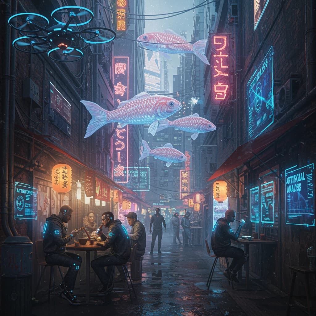 A neon alley in Neo-Tokyo 2142 drips with rain Cybernetic patrons slurp ramen at a stall with their glowing implants humming with blue light. Three giant holographic koi hover 10 metres above the ground and swim across the skyline, one has clipped into a building. A six-prop drone hovers nearby, projecting "Artificial Analysis" onto a wall with blue laser beams visible