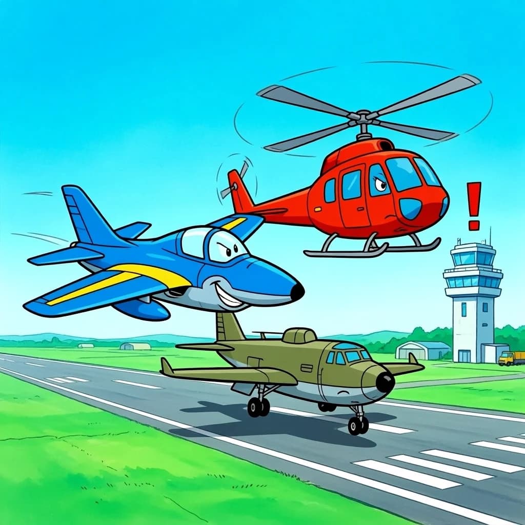 Almost at the runway, Fred the Fighter Jet is racing with Barry the Bomber to see who lands first. Fred has a mischievous trick up his sleeve but Hermione the Helicopter is going to stop him before he gets the chance. The control tower is very angry and has a big exclamation mark. Hand drawn cel look