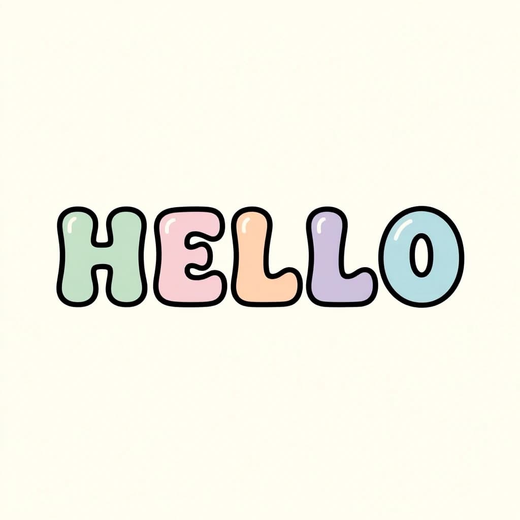 Make a bold bubble-letter poster that says HELLO, pastel palette, thick outline.