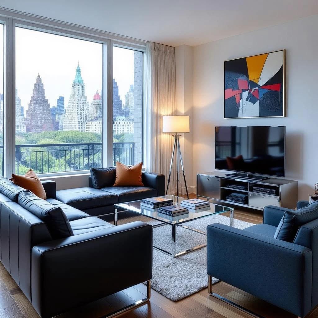 My apartment overlooks Central Park. It’s very luxurious, very expensive, and the furniture is minimal — a black leather couch, a glass coffee table with chrome legs, an Arne Jacobsen floor lamp. A big-screen television set rests on a steel shelving unit. A David Onica painting hangs above the couch. There’s a stainless steel and glass cocktail table. A powder-blue sofa. A thirty-inch digital TV.