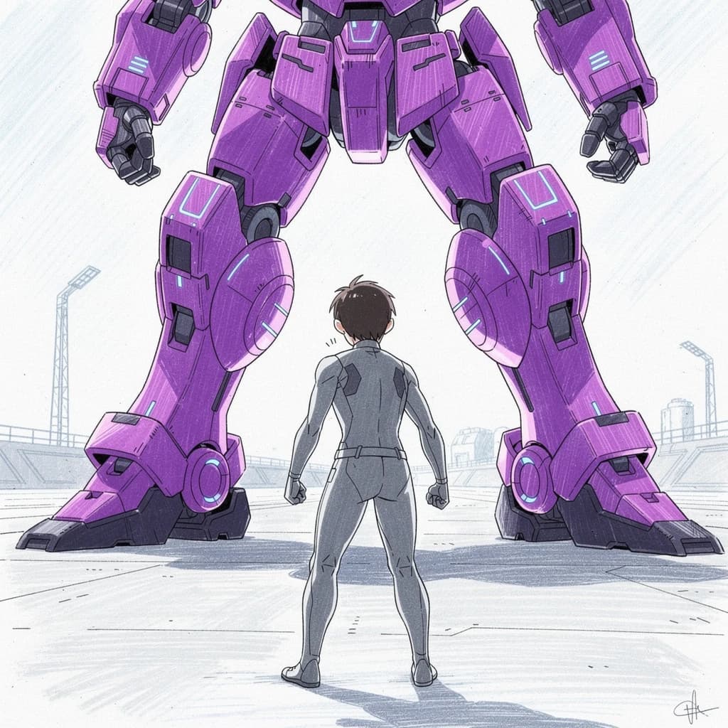 Clad in his body suit up to the neck, young Masa nervously approaches the towering mech with his back facing us. He is nervous for his first time in the field. The mech's bright purple colour scheme contrasts with the grey body suit. The scale of the mech dwarfs Masa. Hand drawn style