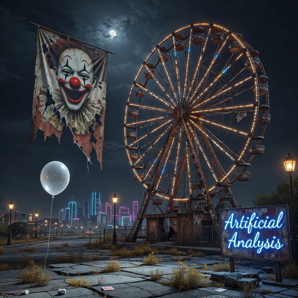 A deserted amusement park glows faintly under a half-moon. The ferris wheel is rusting yet strung with fresh, blinking LED lights. A torn clown banner flaps in a windless air. A lone balloon floats upward, tethered to nothing, while in the far distance city lights flicker on - some neon, some gas lamps as though from another century. 'Artificial Analysis' glows in neon