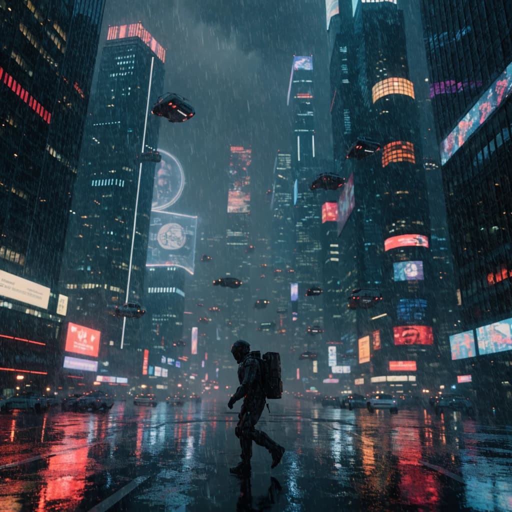 Rain-soaked neon megacity at night, flying taxis weave between glass towers, giant holograms flicker; a lone courier in a matte exosuit, somewhat cinematic wide angle.