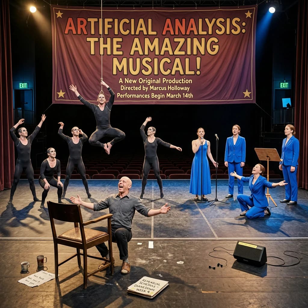 The musical troupe do a rehearsal in a large, empty theatre. 9 people are on the stage, half wear black and the others wear blue. The skinny bald director, seated in the second row, is practically leaping out of their seat with excitement as the leads nail their aerial. A giant banner reading "Artificial Analysis: The Amazing Musical!" is behind the actors.