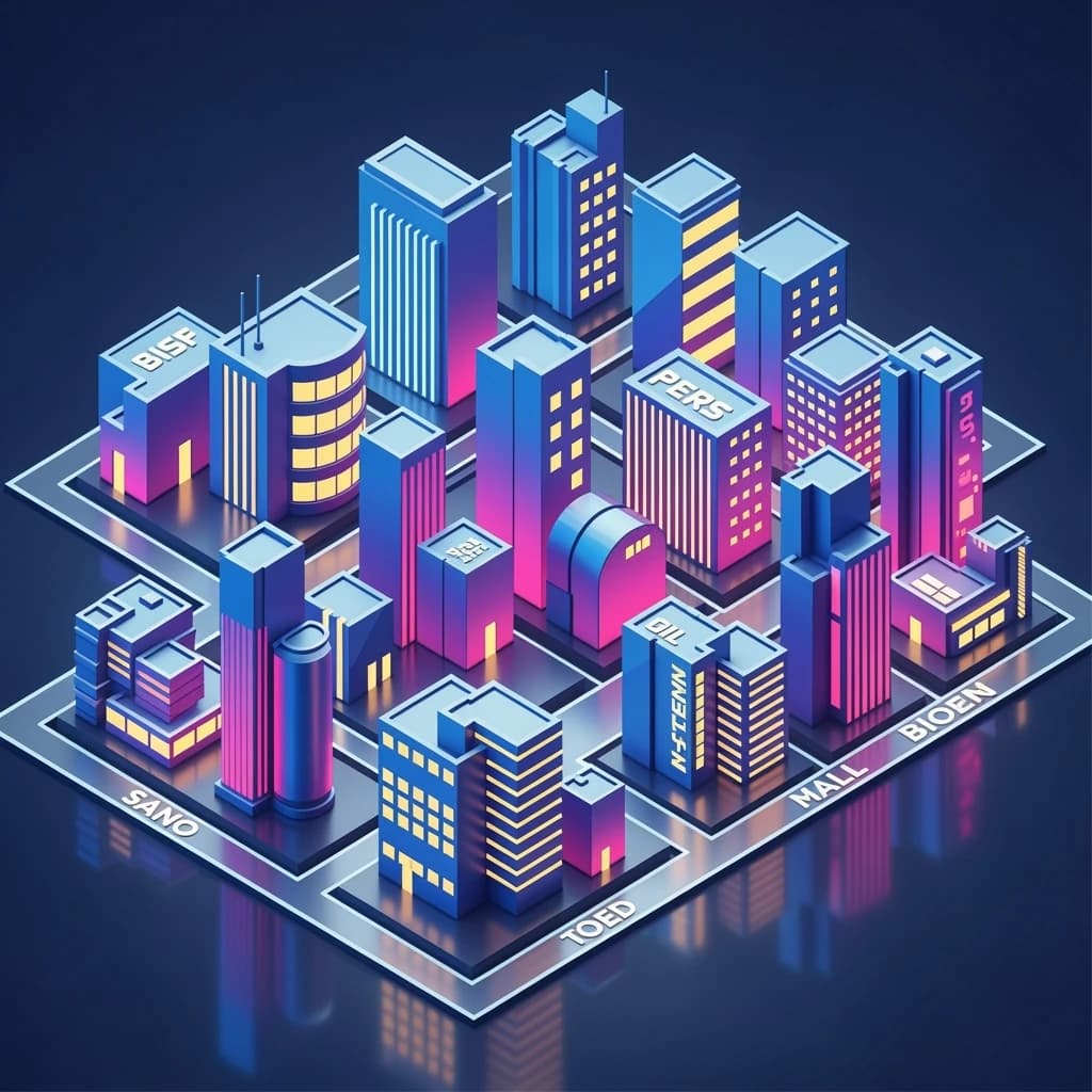 Render an isometric city poster with geometric buildings, neon gradients, gloss highlights, soft AO shadows, clean sans-serif lettering, grid layout, reflections a bit overexposed.