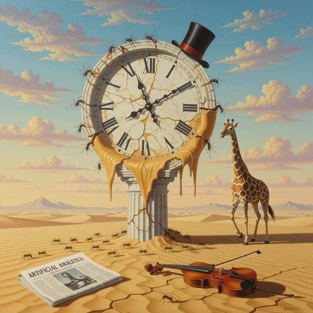 A vast desert plain stretches endlessly under a sky streaked with pale pink and ochre clouds. In the center stands a colossal clock, its face drooping and melting over the edge of a broken marble column. Ants swarm across its warped surface, glinting in the harsh sunlight. To the right, a horse with a giraffe like neck wearing a top hat strides toward the horizon, its shadow stretching miles across the sand. A cracked violin lies half-buried in the foreground, strings snapping outward like veins. Painted in the dreamlike surrealist style. A newspaper named the "Artificial Analysis Daily" lies on the Floor.