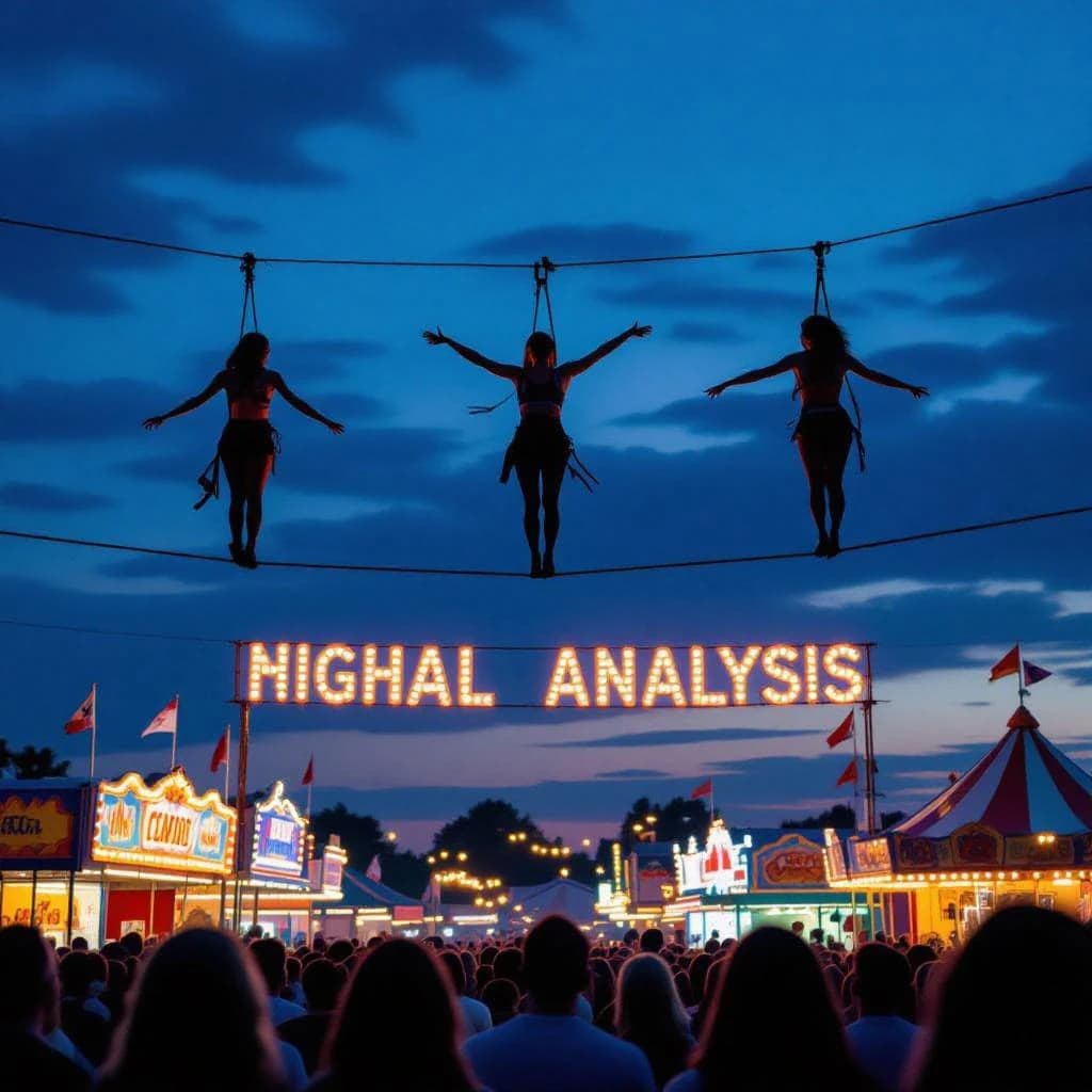 At dusk, high above a carnival crowd, three tightrope walkers balance on a single rope with no aids, one is off balance and grabbing at air. Below, the audience looks upward with baited anticipation. Artificial Analysis is spelled out in the background in carnival lights