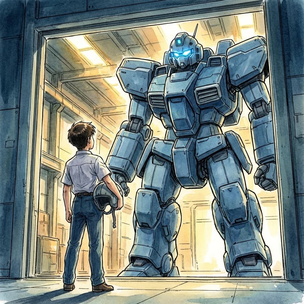 A teenage pilot grips his helmet under one arm, standing at the edge of a glowing hangar bay. Before him looms a sleek, steel-blue mech, its eyes lit with a cold electric glare. His school uniform is rumpled, a sharp contrast to the machine’s flawless plating. The vast scale engulfs him in shadow, emphasizing both awe and dread. Hand-drawn anime style.