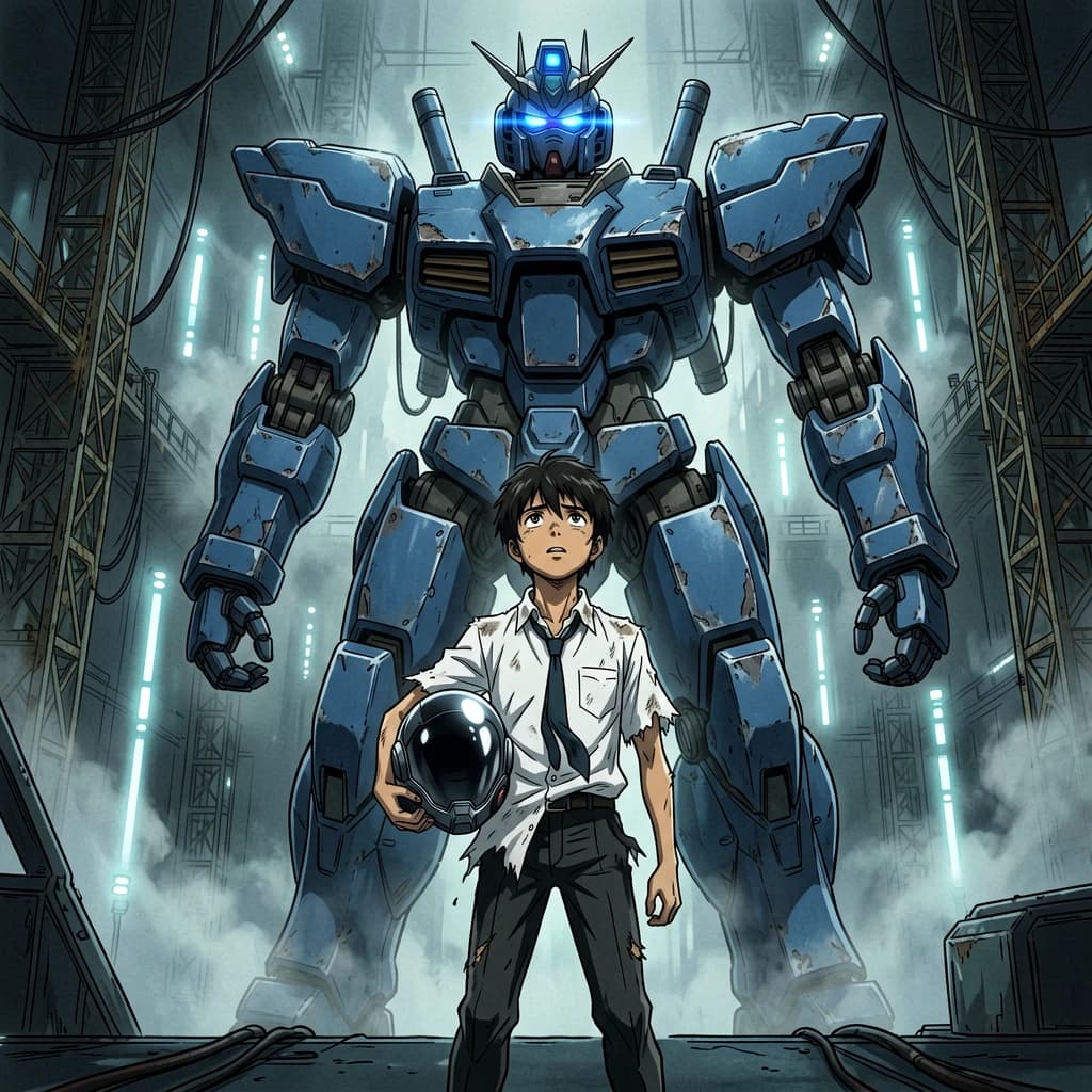 A teenage pilot grips his helmet under one arm, standing at the edge of a glowing hangar bay. Before him looms a sleek, steel-blue mech, its eyes lit with a cold electric glare. His school uniform is rumpled, a sharp contrast to the machine’s flawless plating. The vast scale engulfs him in shadow, emphasizing both awe and dread. Hand-drawn anime style.