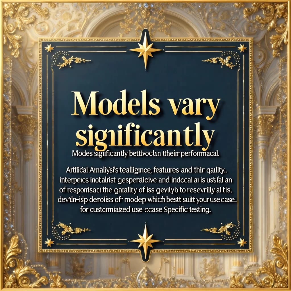 On a flat layout, write in an ornate baroque style "Models vary significantly between their technical performance, features and their quality. Artificial Analysis's intelligence index represents a generalist perspective and is useful as an indicator of the quality of responses. It is generally advisable to develop a short-list of models which best suit your use-case for customized use-case specific testing. "
