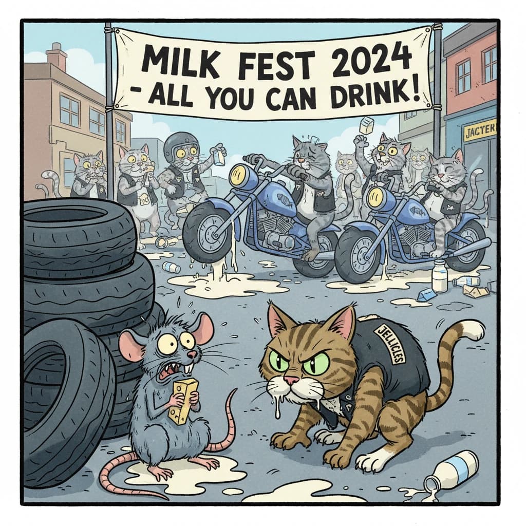 The cartoon rat clenches his thin wedge of cheese and trembles in fear as he hides from the menacing Jellicles, the roaming cat motorcycle gang, all wearing their colors with the name on the back. The cats have all drunk far too much milk and are causing a big ruckus! One cat is close to finding the rat