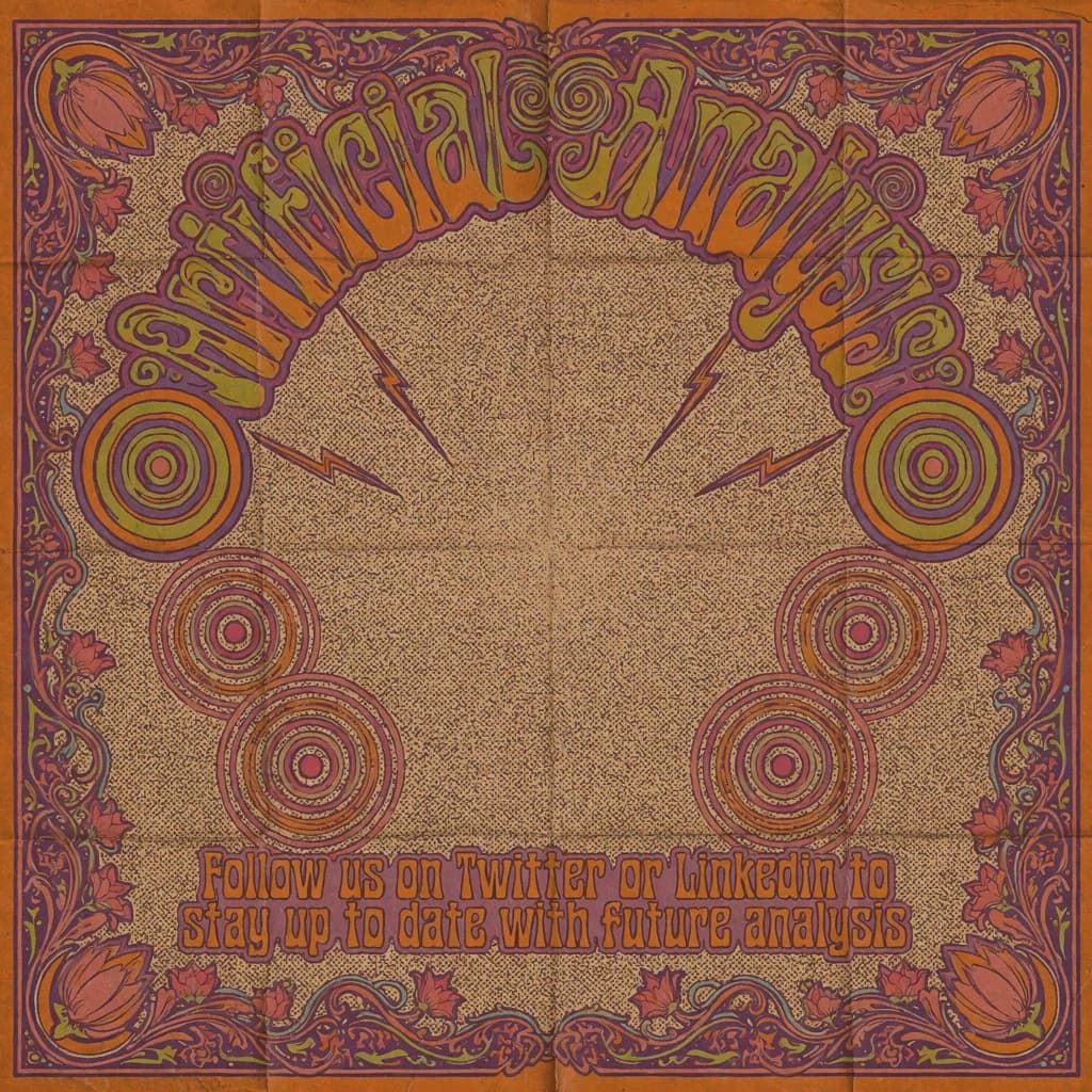 A portrait layout psychedelic concert poster from 1972 bathed in saturated oranges, deep purples, and acid greens. Swirling, hand-drawn typography arcs across the top, spelling out Artificial Analysis in bold, distorted letters that melt into spirals. Surrounded by radiating concentric circles and lightning-bolt motifs. The background is textured with halftone dots and faded paper creases, evoking a well-worn poster taped to a brick wall. Ornate floral borders frame the design, while the bottom features blocky retro lettering listing “Follow us on Twitter or LinkedIn to stay up to date with future analysis” in smaller text. 