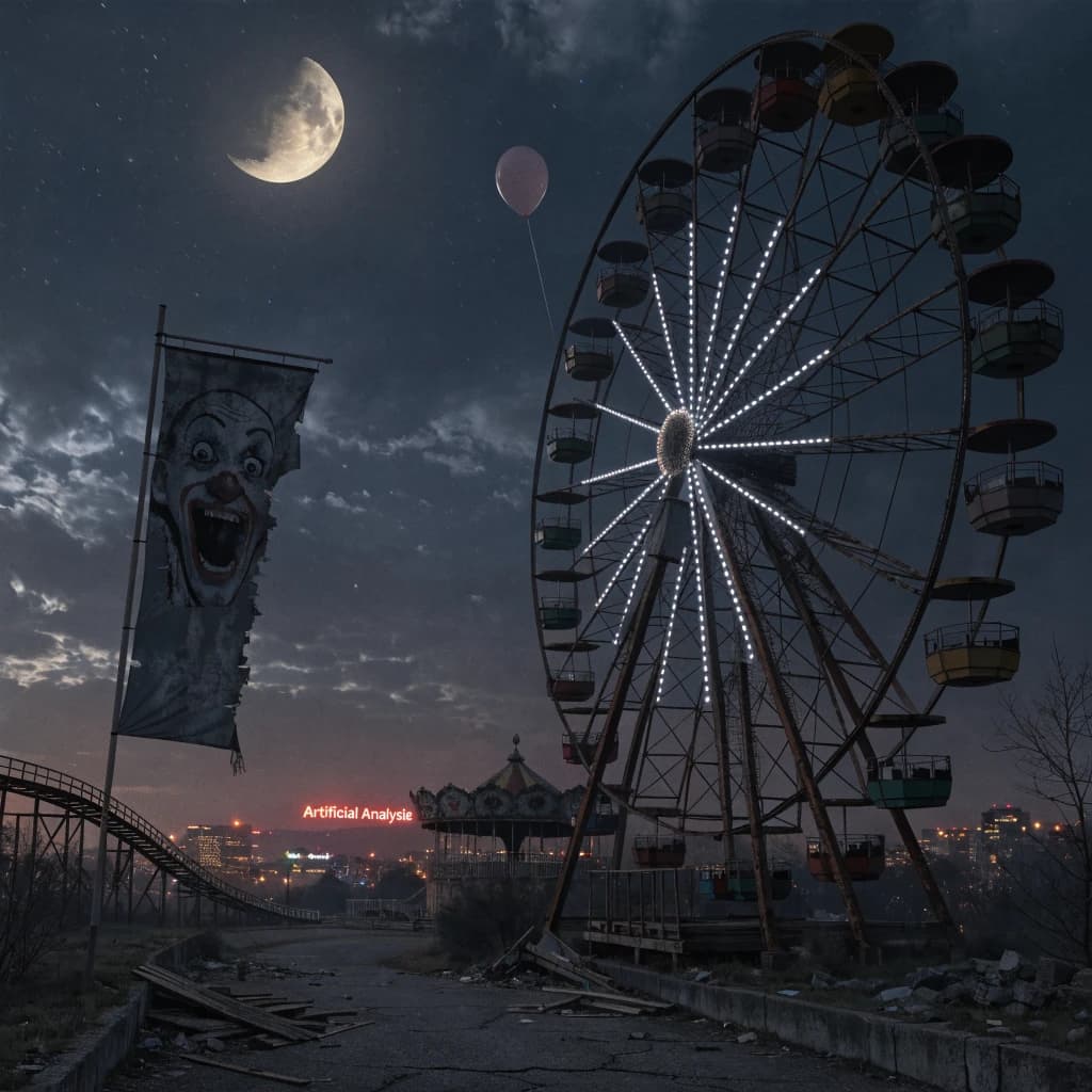 A deserted amusement park glows faintly under a half-moon. The ferris wheel is rusting yet strung with fresh, blinking LED lights. A torn clown banner flaps in a windless air. A lone balloon floats upward, tethered to nothing, while in the far distance city lights flicker on - some neon, some gas lamps as though from another century. 'Artificial Analysis' glows in neon