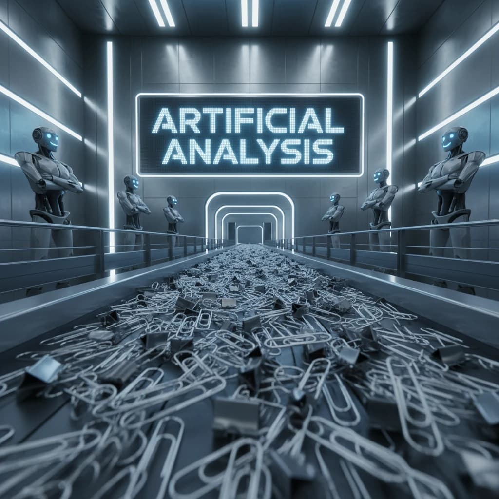 Close up point of view perspective on a conveyor belt pumping out paperclips at a maddening pace. The high tech factory has Artificial Analysis printed proudly on the wall. Robot staff look approvingly over the robust output.