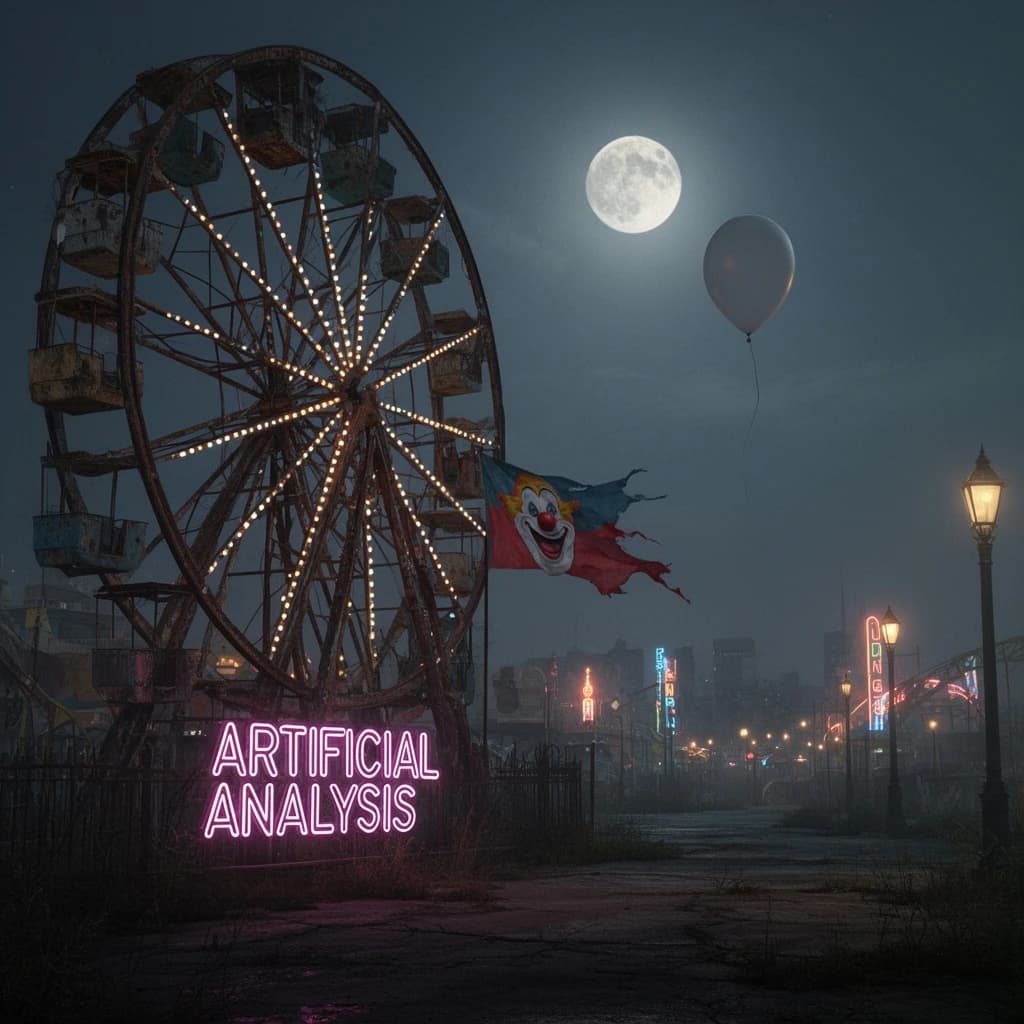 A deserted amusement park glows faintly under a half-moon. The ferris wheel is rusting yet strung with fresh, blinking LED lights. A torn clown banner flaps in a windless air. A lone balloon floats upward, tethered to nothing, while in the far distance city lights flicker on - some neon, some gas lamps as though from another century. 'Artificial Analysis' glows in neon