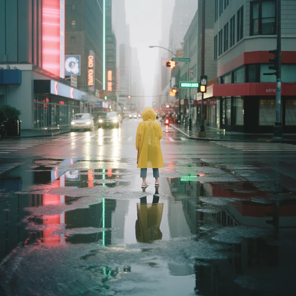 A sunlit city street after rain; puddles mirror neon signs as a woman in a yellow raincoat waits at a crosswalk, soft mist, 50mm look, natural tones, a bit of film grain.