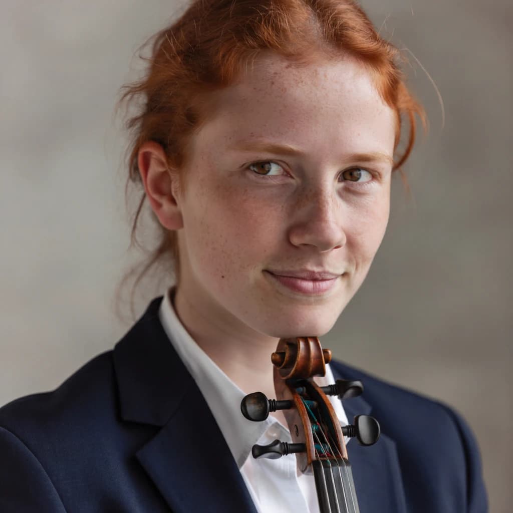 Capture a head-and-shoulders portrait of a freckled red-haired violinist in a navy blazer, soft window light, 85mm at f/1.8, gently smiling yet serious eyes, muted tones.
