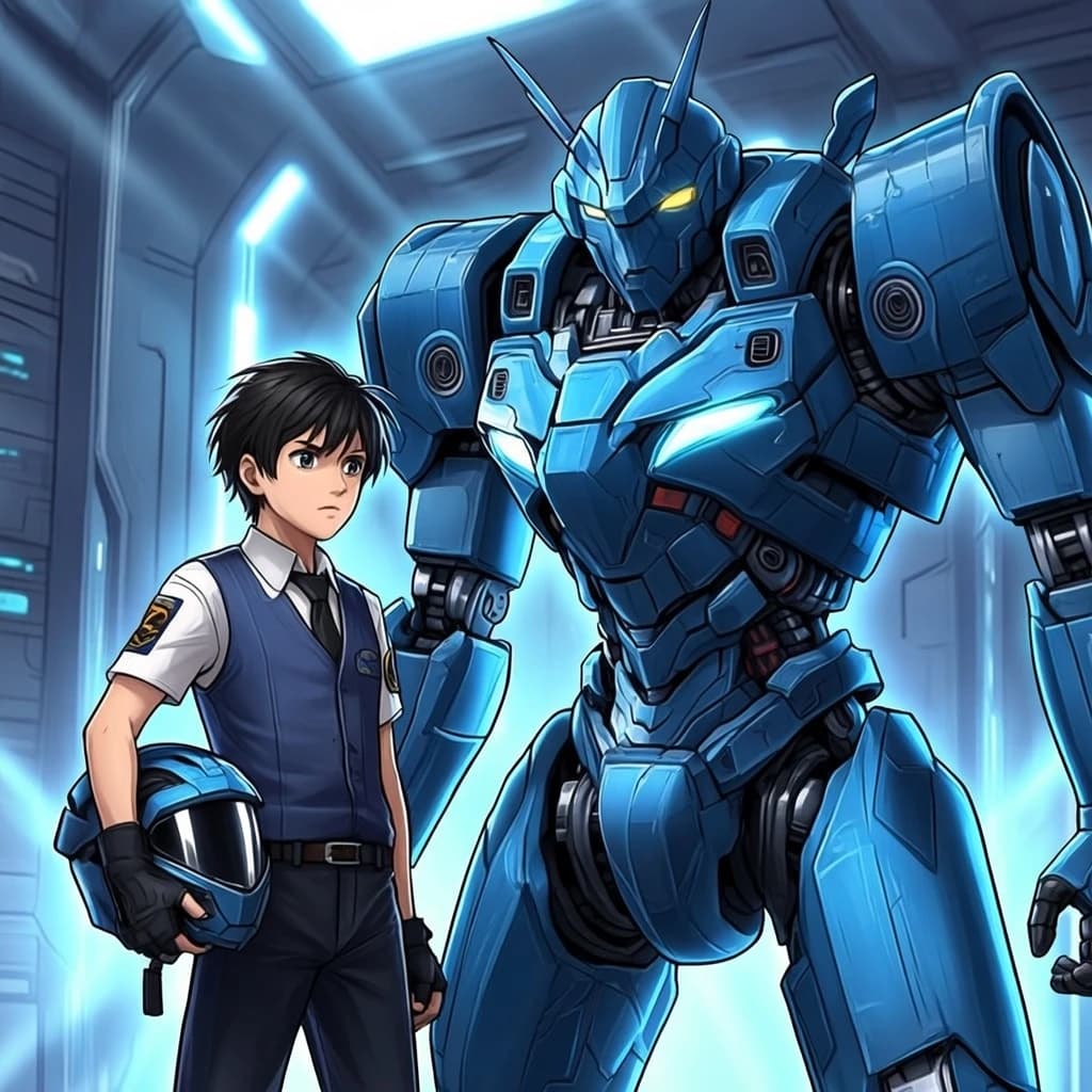 A teenage pilot grips his helmet under one arm, standing at the edge of a glowing hangar bay. Before him looms a sleek, steel-blue mech, its eyes lit with a cold electric glare. His school uniform is rumpled, a sharp contrast to the machine’s flawless plating. The vast scale engulfs him in shadow, emphasizing both awe and dread. Hand-drawn anime style.