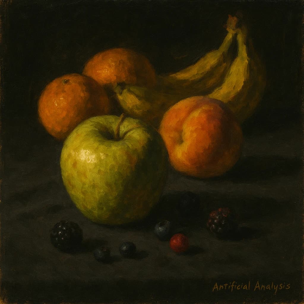A still life scene painted oil on canvas, comprising various fruits on a black table cloth with striking lighting coming from the right out of frame, creating strong shadows. A bruised green apple is in the foreground, a peach behind it, and behind that a melange of oranges and bananas in various states of ripeness. Berries are strewn in front of the apple. The artist has signed his name "Artificial Analysis" in the bottom right corner in a hurried fashion.