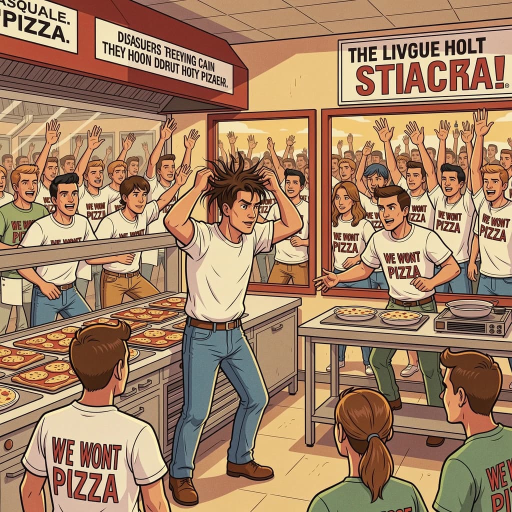 Pasquale is pulling his few remaining hairs out over a disaster at the pizzeria - the cooks are working as fast as they can but the crowds outside are swelling and they demand hot hot pizza! They are banging on the glass and some are wearing "we want pizza" shirts. 1980s western TV animation style.