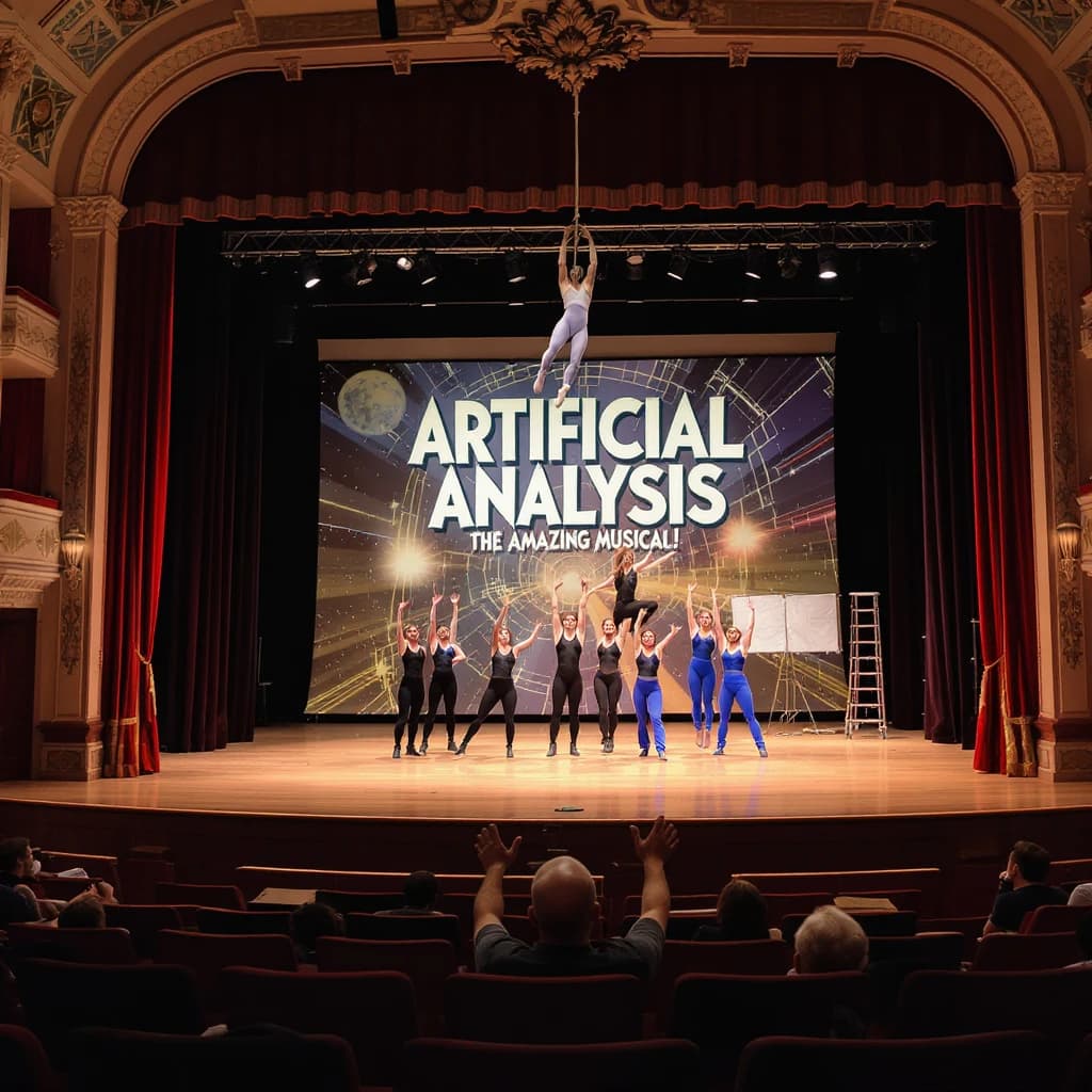 The musical troupe do a rehearsal in a large, empty theatre. 9 people are on the stage, half wear black and the others wear blue. The skinny bald director, seated in the second row, is practically leaping out of their seat with excitement as the leads nail their aerial. A giant banner reading "Artificial Analysis: The Amazing Musical!" is behind the actors.