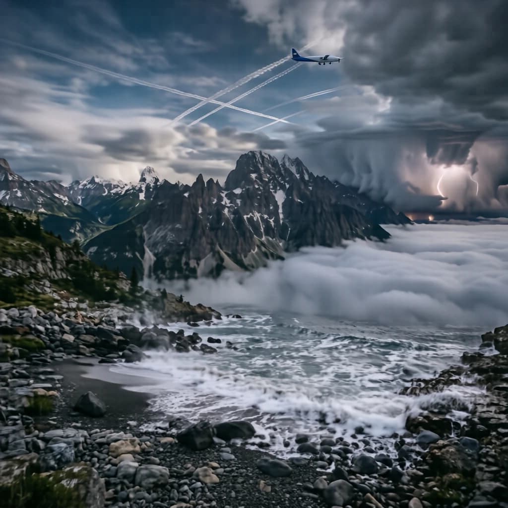 A stunning mountain vista pokes through the cloud top. Contrails from a distant airplane linger in the air. In the foreground there is a stony beach with foamy seas. A thunder storm is visibile in the distant right.