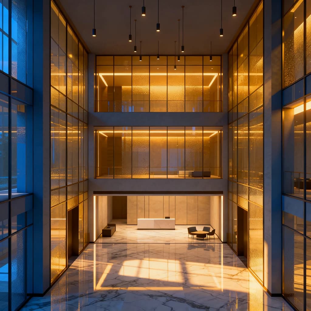 Isometric 3D lobby, glass walls, warm lights, slightly moody, soft shadows.