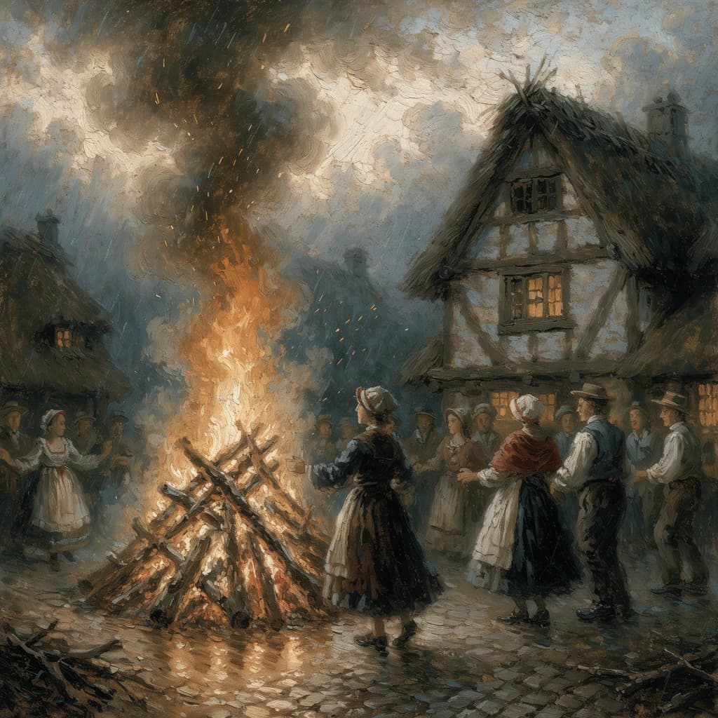 Make an oil painting of villagers dancing by a bonfire at dusk, a bit smoky.