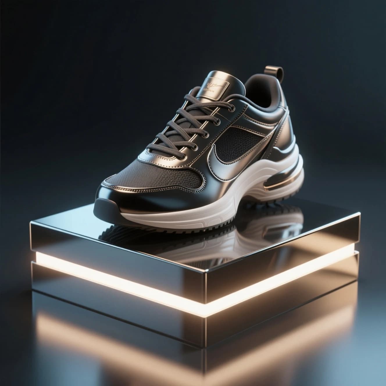 Make a polished 3D ad render: sneakers on glossy plinths, rim lighting.