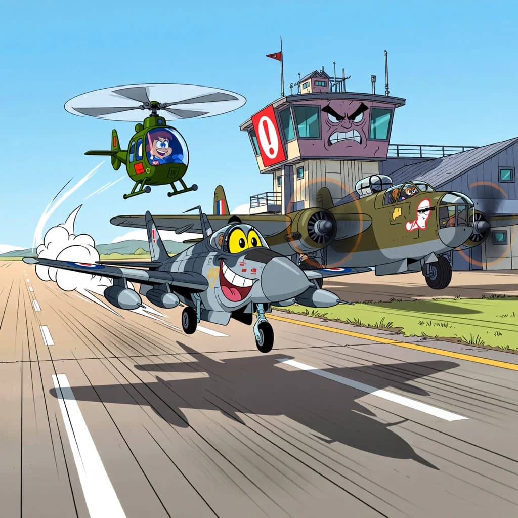 Almost at the runway, Fred the Fighter Jet is racing with Barry the Bomber to see who lands first. Fred has a mischievous trick up his sleeve but Hermione the Helicopter is going to stop him before he gets the chance. The control tower is very angry and has a big exclamation mark. Hand drawn cel look
