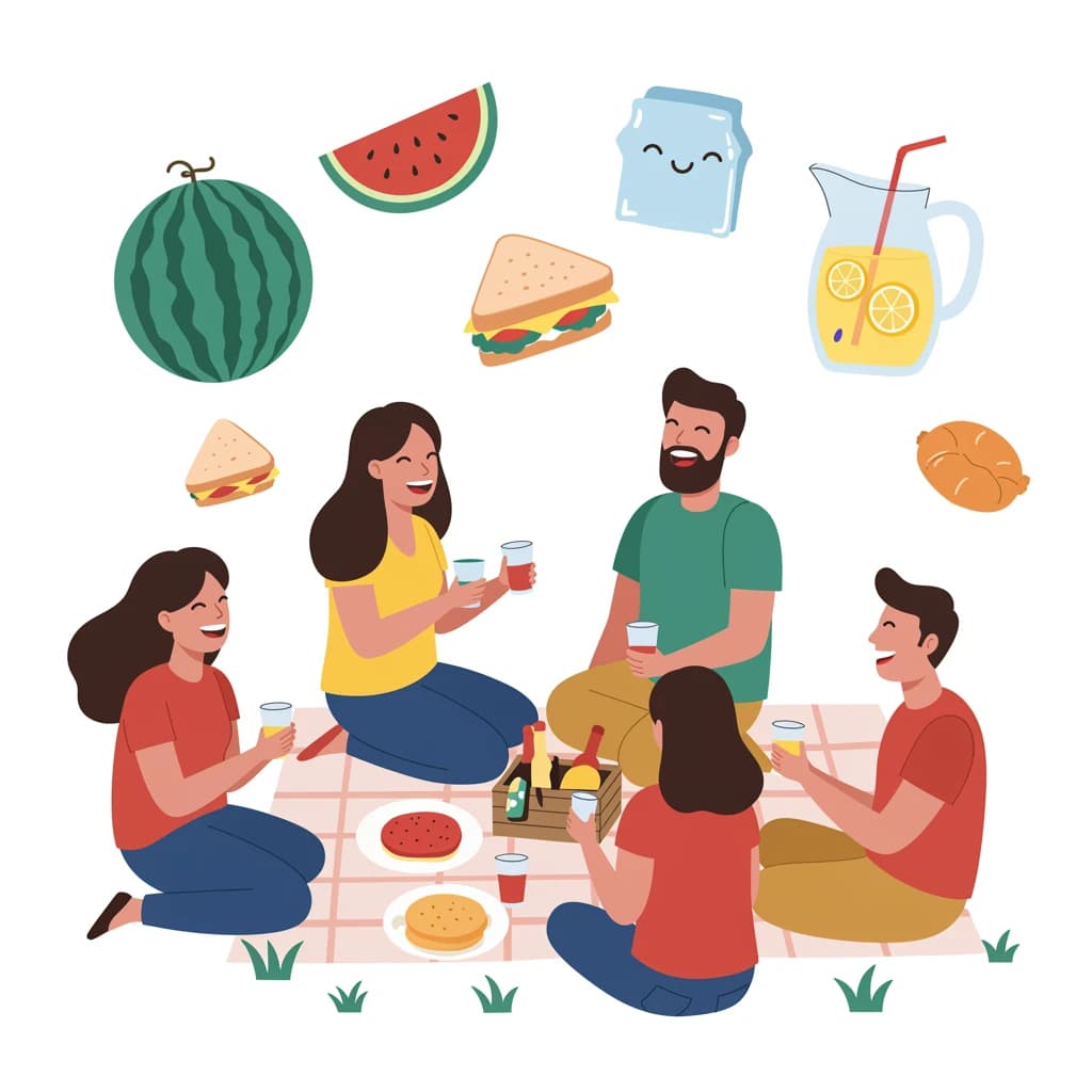 Flat vector picnic scene, friends laughing, oversized food icons, simple shapes.