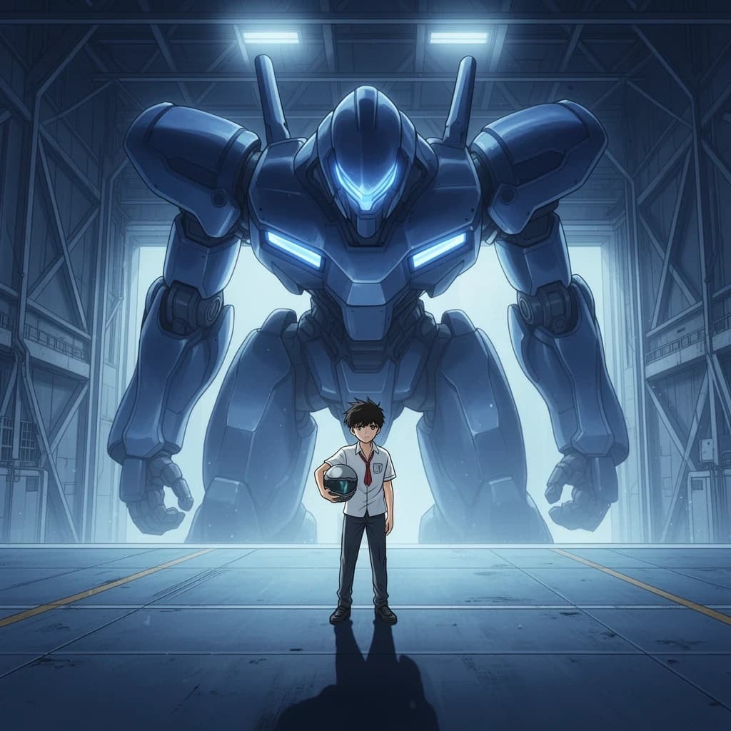 A teenage pilot grips his helmet under one arm, standing at the edge of a glowing hangar bay. Before him looms a sleek, steel-blue mech, its eyes lit with a cold electric glare. His school uniform is rumpled, a sharp contrast to the machine’s flawless plating. The vast scale engulfs him in shadow, emphasizing both awe and dread. Hand-drawn anime style.