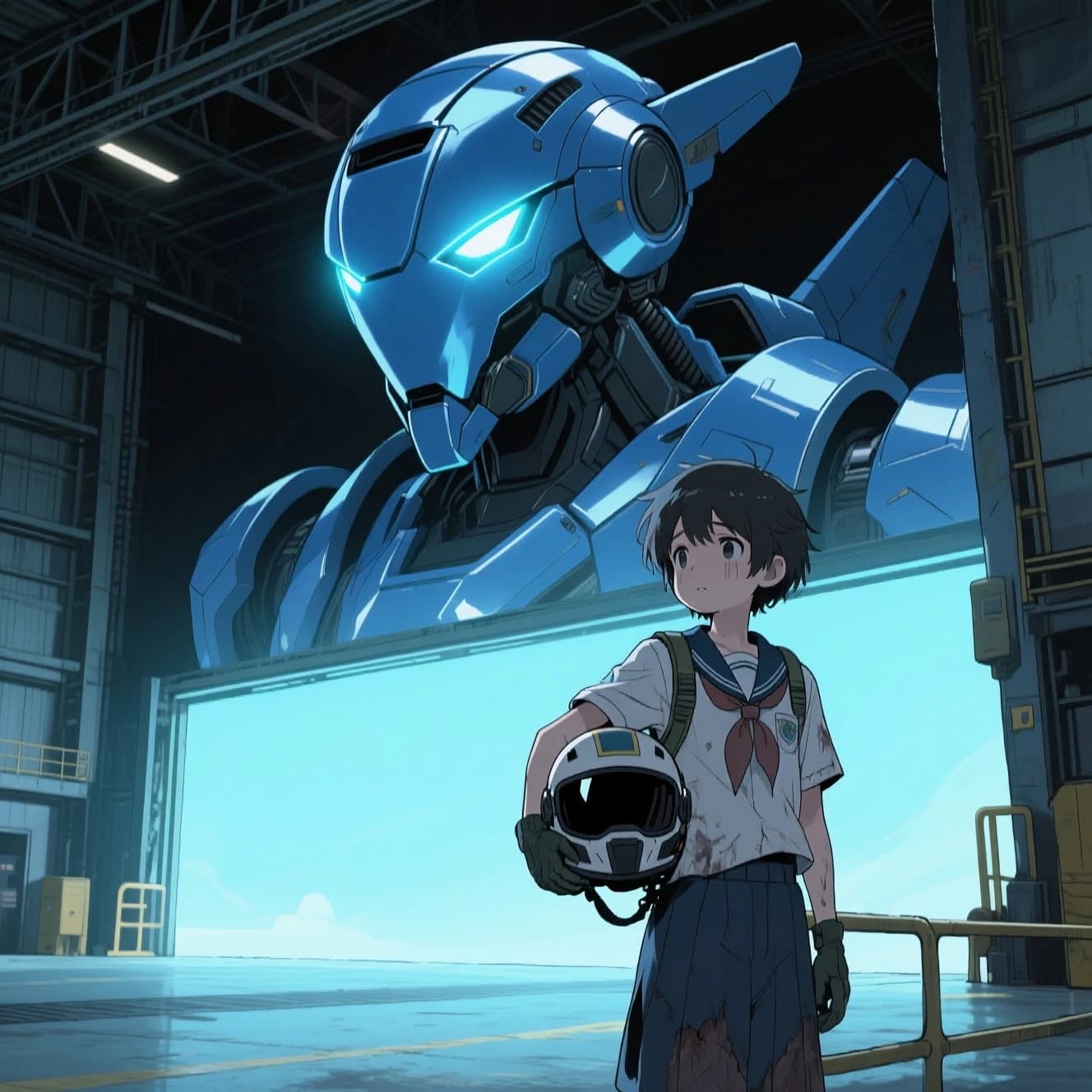 A teenage pilot grips his helmet under one arm, standing at the edge of a glowing hangar bay. Before him looms a sleek, steel-blue mech, its eyes lit with a cold electric glare. His school uniform is rumpled, a sharp contrast to the machine’s flawless plating. The vast scale engulfs him in shadow, emphasizing both awe and dread. Hand-drawn anime style.