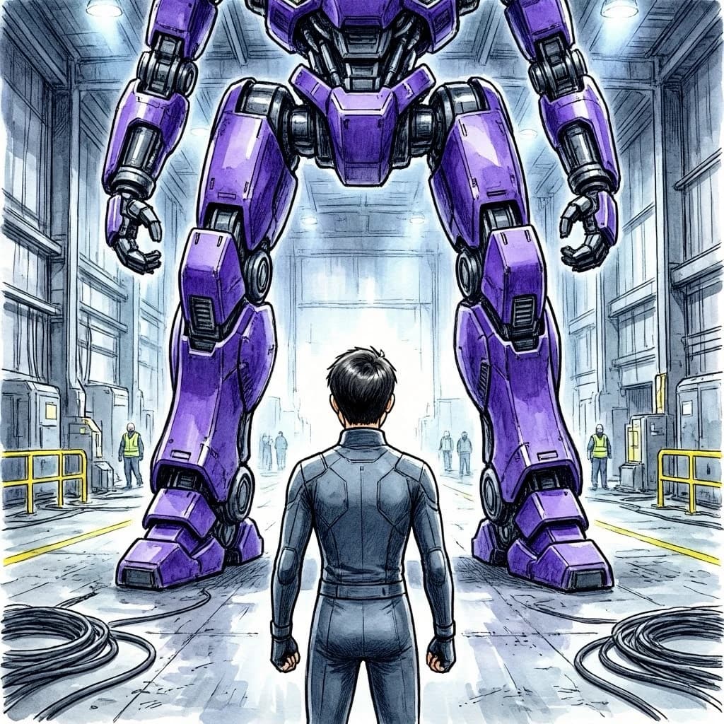 Clad in his body suit up to the neck, young Masa nervously approaches the towering mech with his back facing us. He is nervous for his first time in the field. The mech's bright purple colour scheme contrasts with the grey body suit. The scale of the mech dwarfs Masa. Hand drawn style